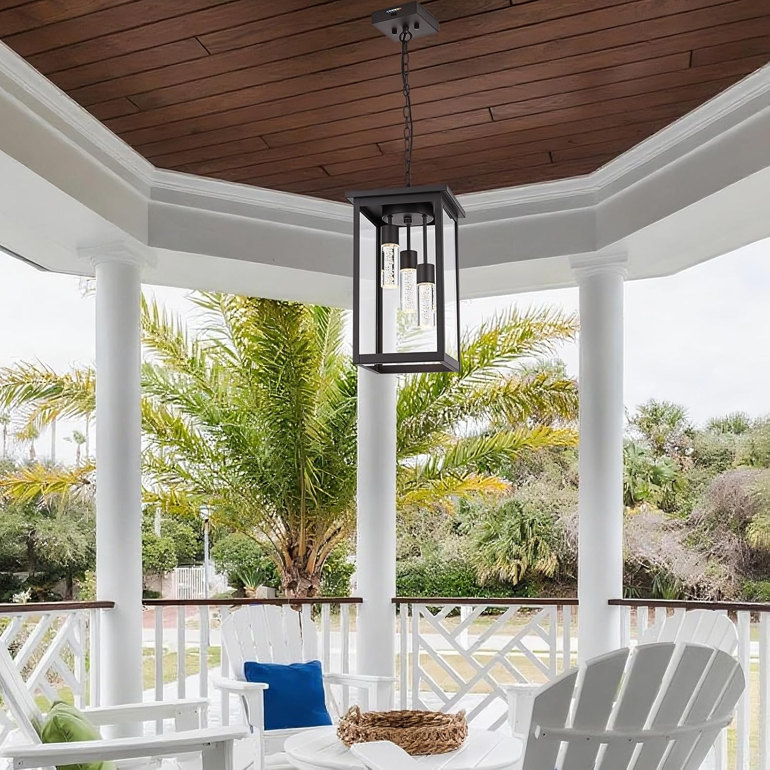 Yaohong 17' Large 5CCT LED Outdoor Pendant Light, 3-Lights Modern Oil Rubbed Bronze Hanging Ceiling Fixture with Acrylic Column & Clear Glass, Weatherproof Chandelier for Porch Gazebo Patio Entryway