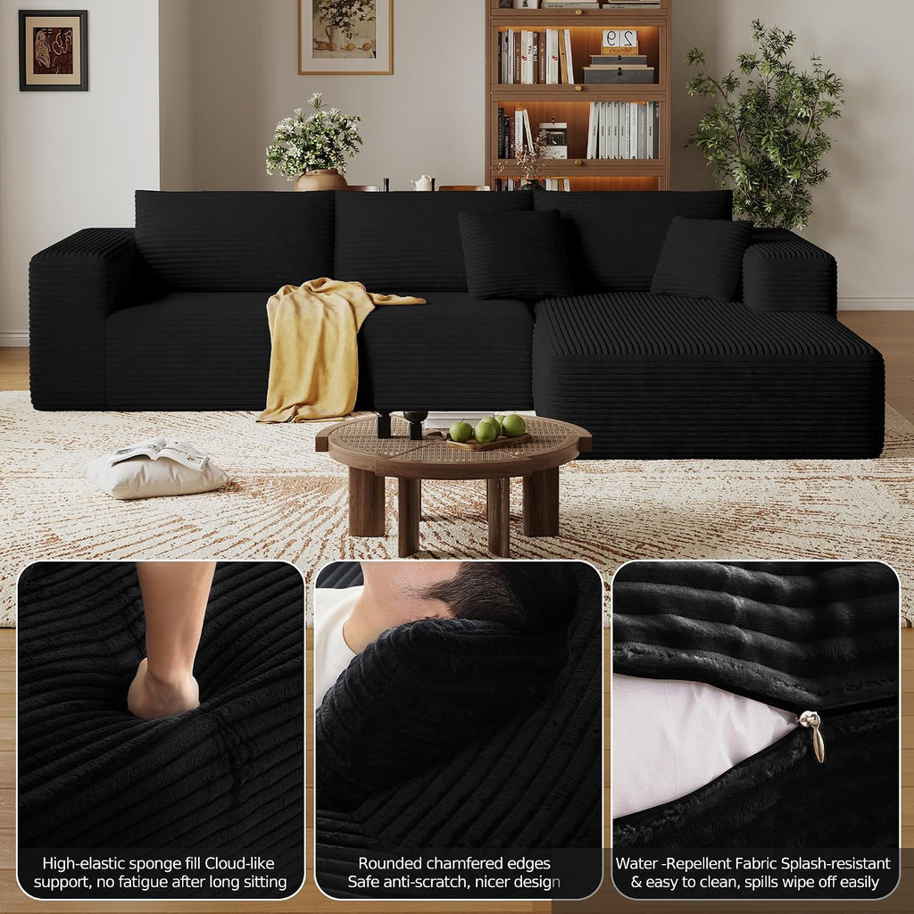 CHORRO108''Sectional Boneless Cloud Sofa,Modern Modular L-Shape Couch for Living Room,Corduroy Convertible Sponge Sleeper Sofas,Upholstered Lougne Chaise Couchs-with Soft Pillow (Black, Lshaped-Right)