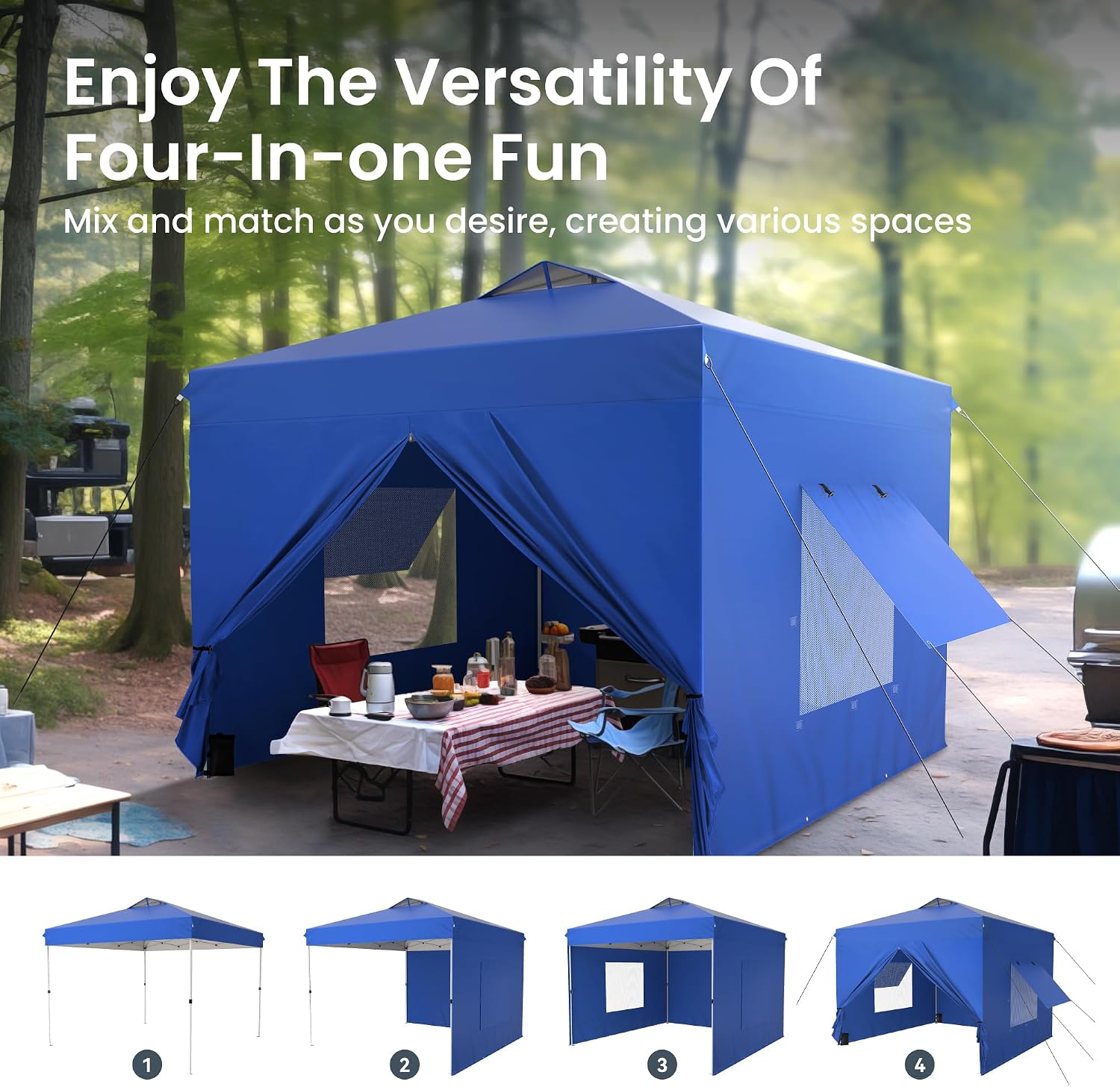 PHI VILLA 10x10 Pop Up Canopy Tent with Sidewalls - Easy Up Tent with Mesh Windows for Ventilation, Waterproof Design - Ideal for Parties, Beach, and Outdoor Events (Blue)
