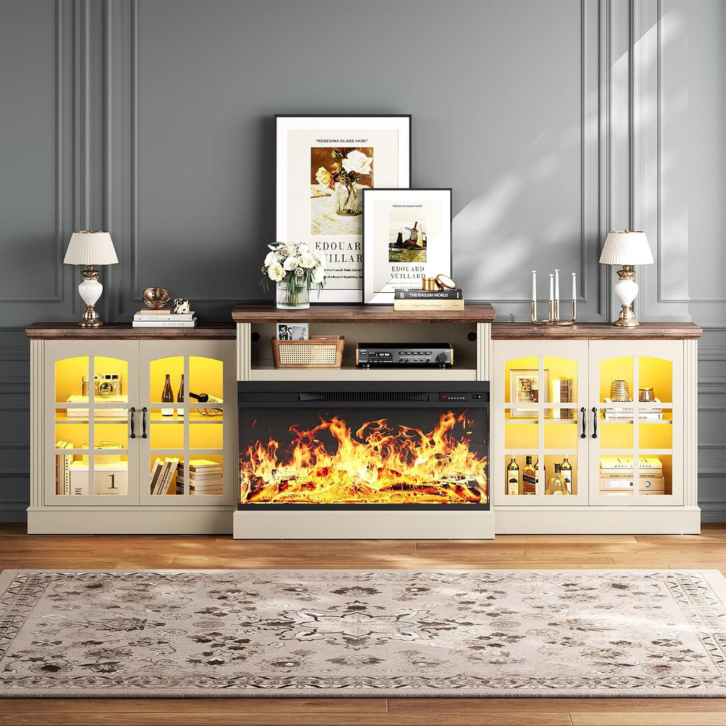 97' Fireplace TV Stand with 36' Electric Fireplace, Farmhouse Entertainment Center for TVs up to 100', Media Console Table with Large Storage Cabinets, for Living Room, White