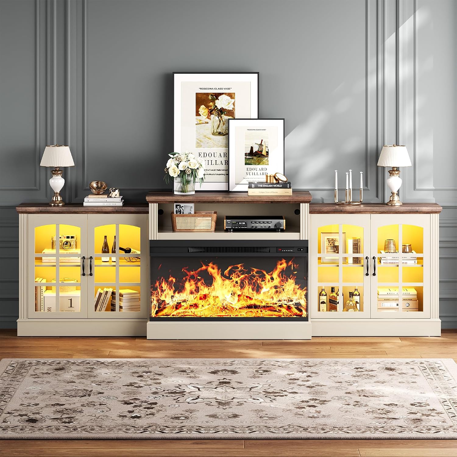97' Fireplace TV Stand with 36' Electric Fireplace, Farmhouse Entertainment Center for TVs up to 100', Media Console Table with Large Storage Cabinets, for Living Room, White