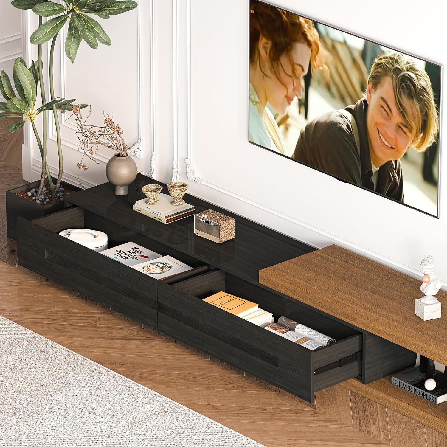 Extendable TV Stand with 2 Drawers, 80'-115' Modern Wood TV Console for Up to 120 Inch TV, Long Reversible Entertainment Center with Storage for Living Room Bedroom, Black& Walnut