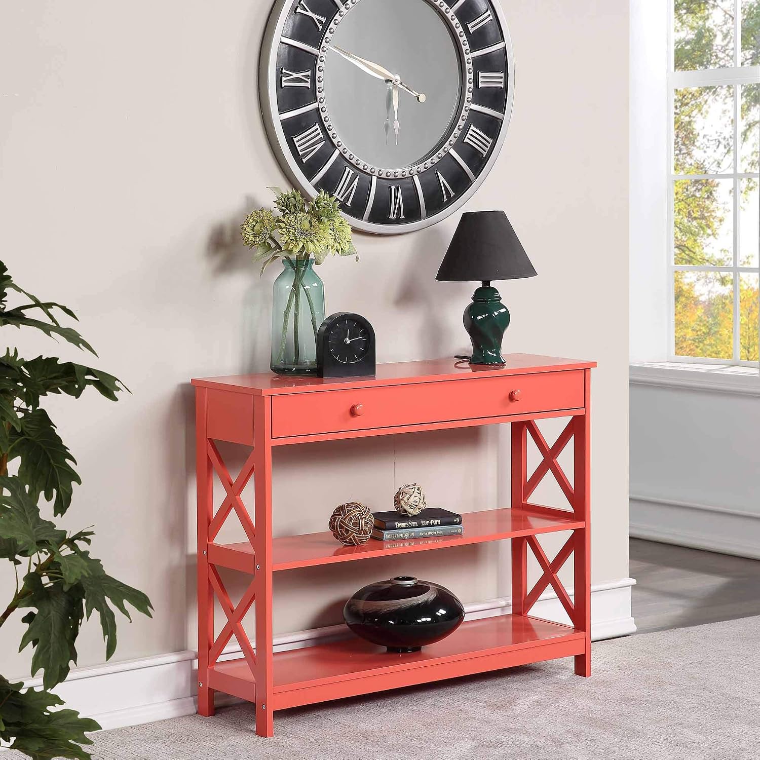 Convenience Concepts Oxford 1 Drawer Console Table with Shelves, Coral