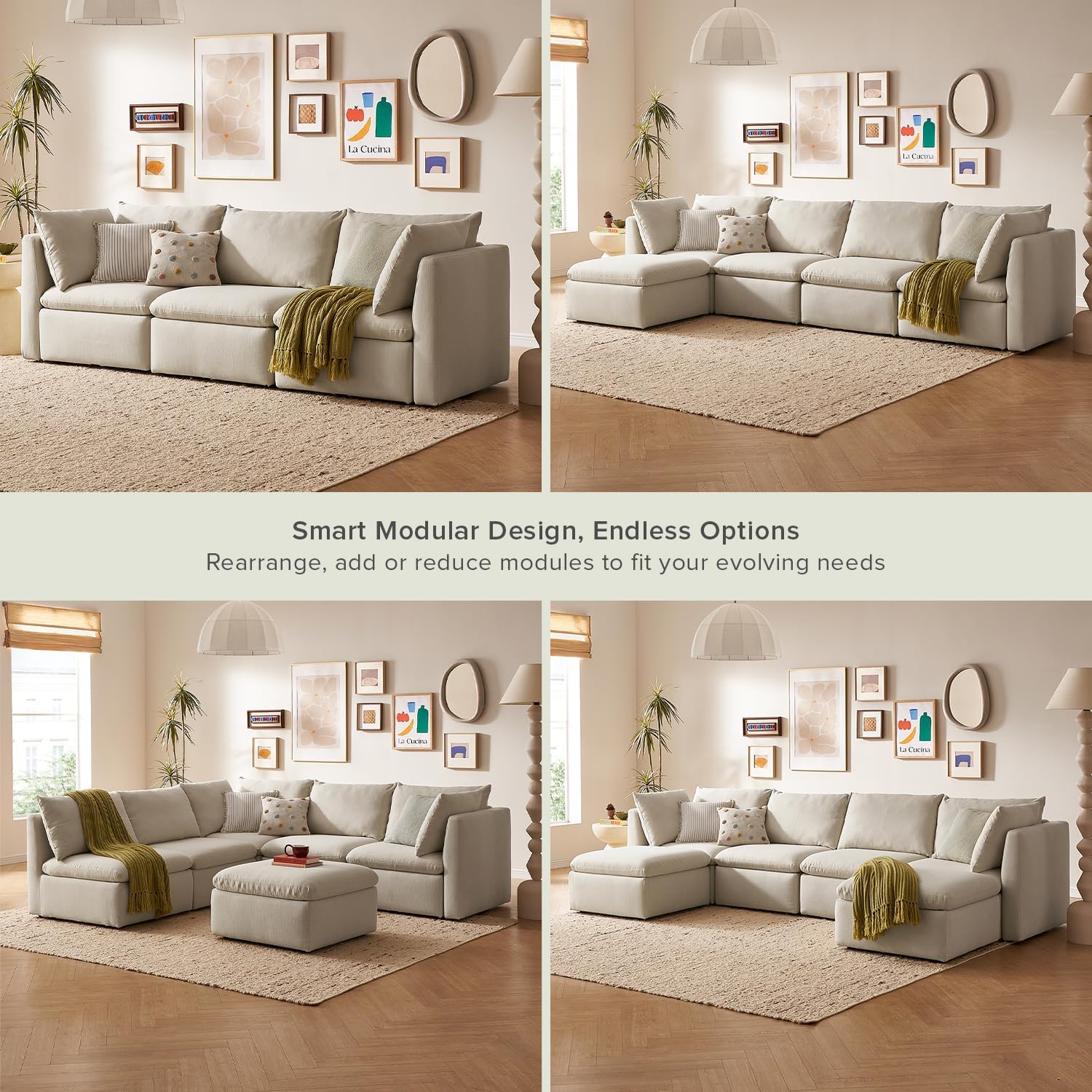 mopio Oversized Modular Sectional Sofa with Fully Removable Covers and Storage, Convertible U, L-Shaped and Sleeper Sectional, Modern Couches with Ottoman Chaise (Oat Fabric, 3 Seater)