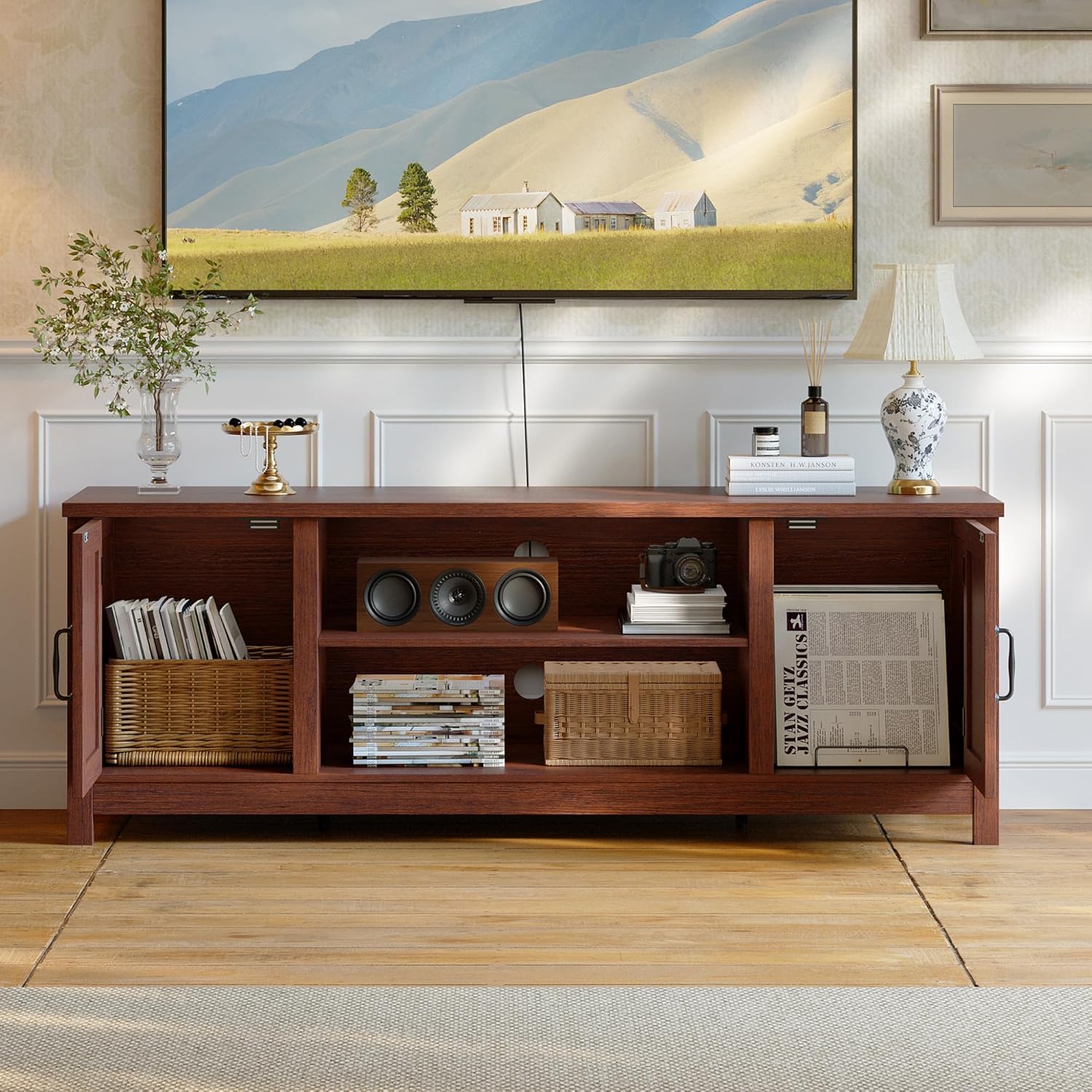 ChooChoo 54' Farmhouse TV Stand for TVs up to 65 inches, Entertainment Center with Storage Cabinets, Open Shelves and Fluted Door, TV Console Table for Living Room, Bedroom, Walnut