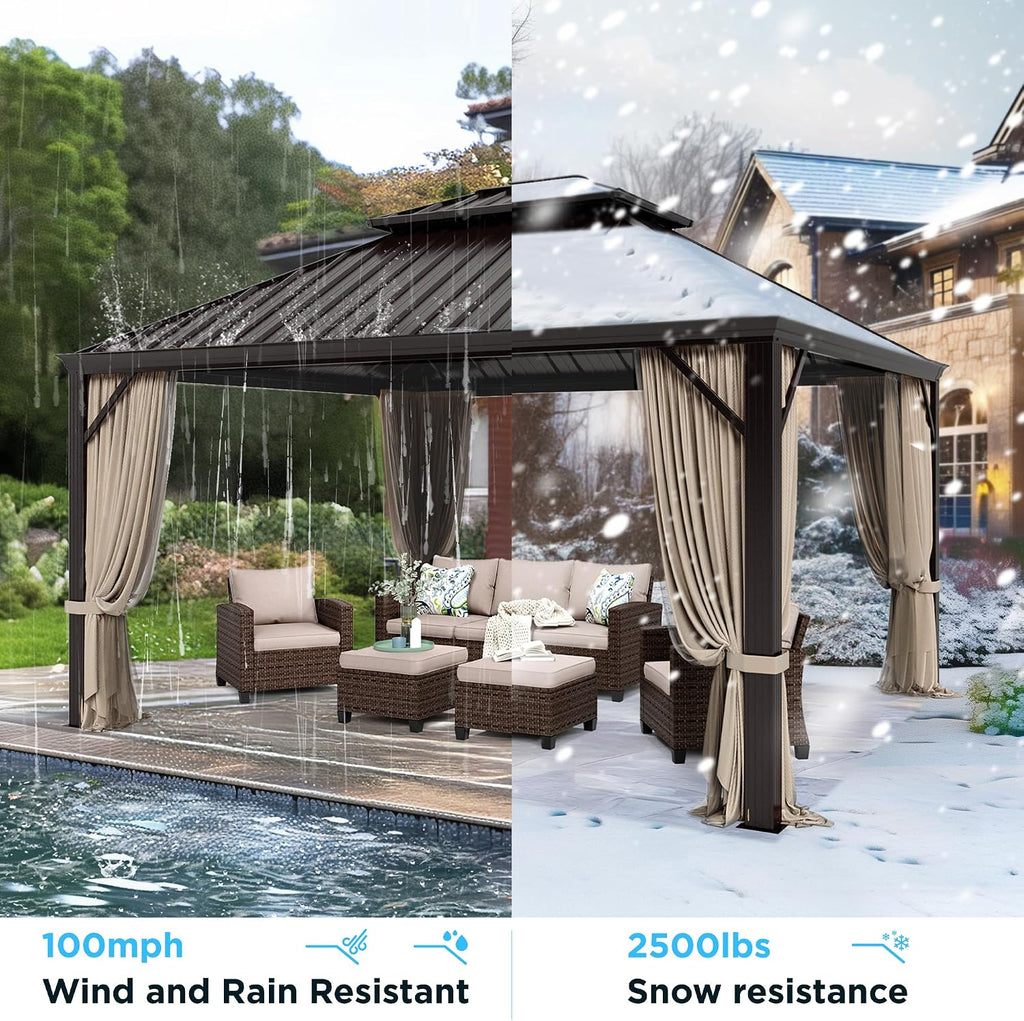 HERA'S HOUSE 12x14ft Hardtop Gazebo, Aluminum Metal Gazebo with Galvanized Steel Double Roof Canopy, Curtain and Netting, Permanent Pavilion for Patio Backyard Deck Lawn