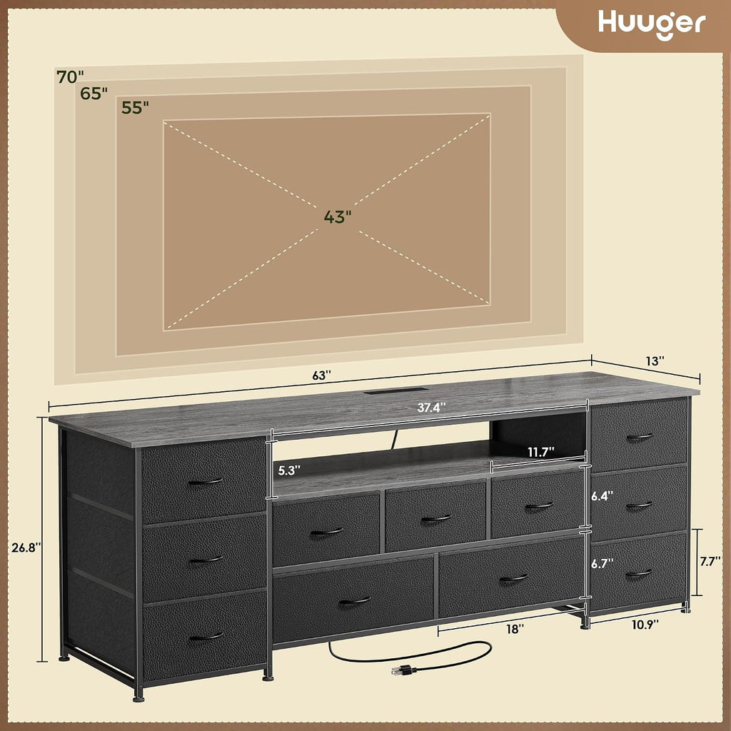 Huuger 63 Inch TV Stand for 65, 70 Inch TV, 11 Drawer Long Dresser with Power Outlets and LED Lights, Entertainment Center with Storage, Grey Dresser with PU Leather Surface