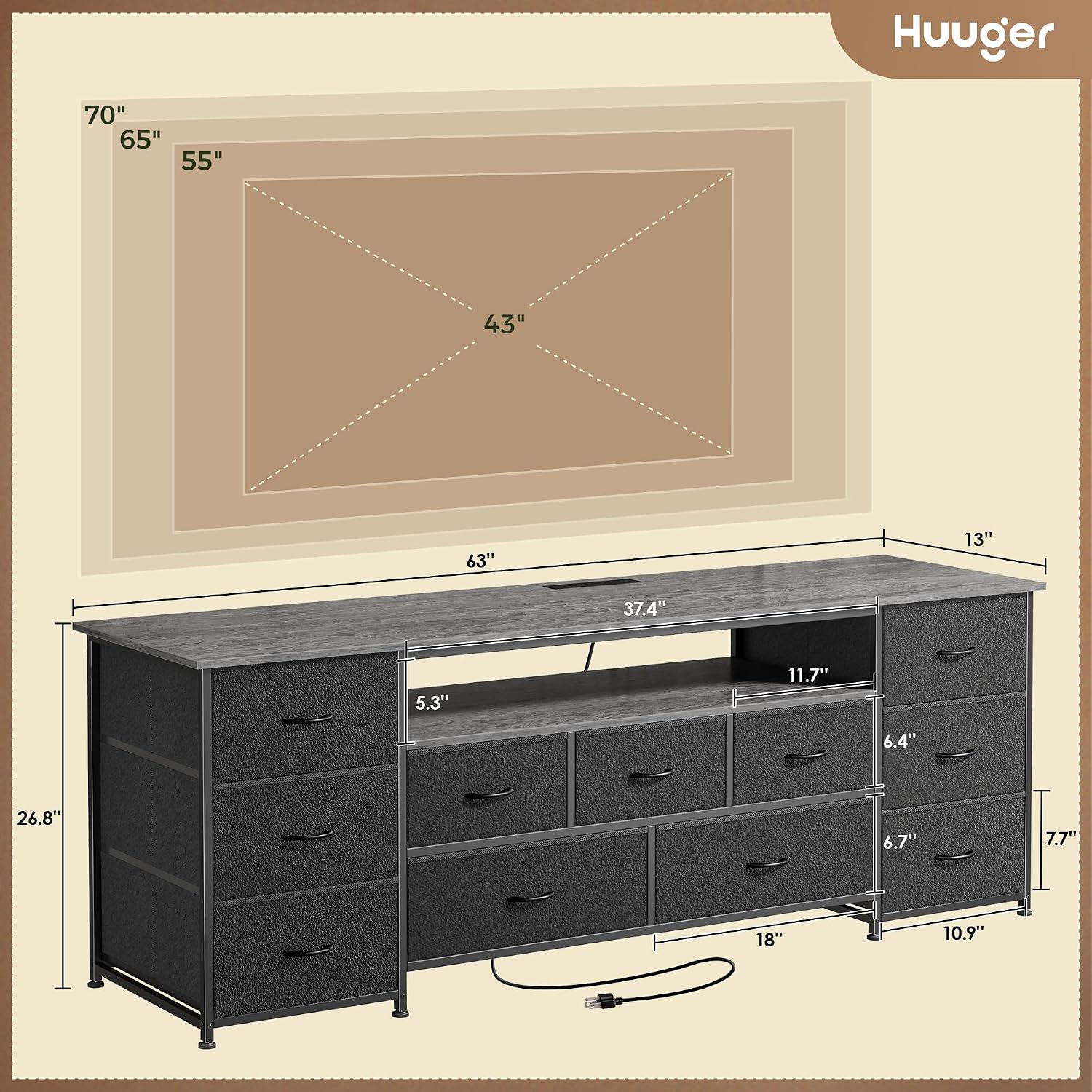 Huuger 63 Inch TV Stand for 65, 70 Inch TV, 11 Drawer Long Dresser with Power Outlets and LED Lights, Entertainment Center with Storage, Grey Dresser with PU Leather Surface