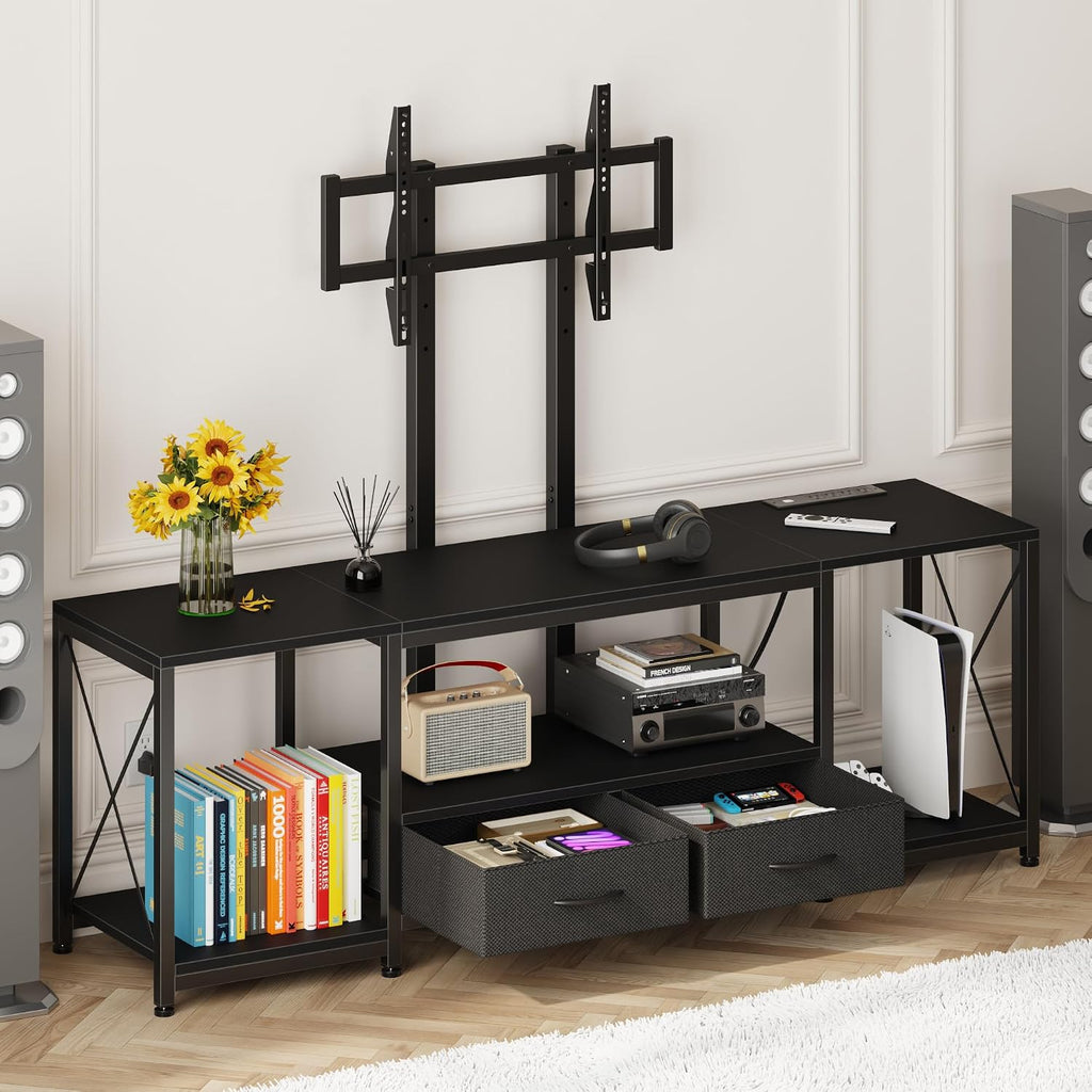 GYIIYUO LED TV Stand with Mount and Power Outlet & Fabric Drawers for 32-85 Inches TV - Entertainment Center and Industrial TV Console Table for Living Room, Bedroom- 46.5' Black