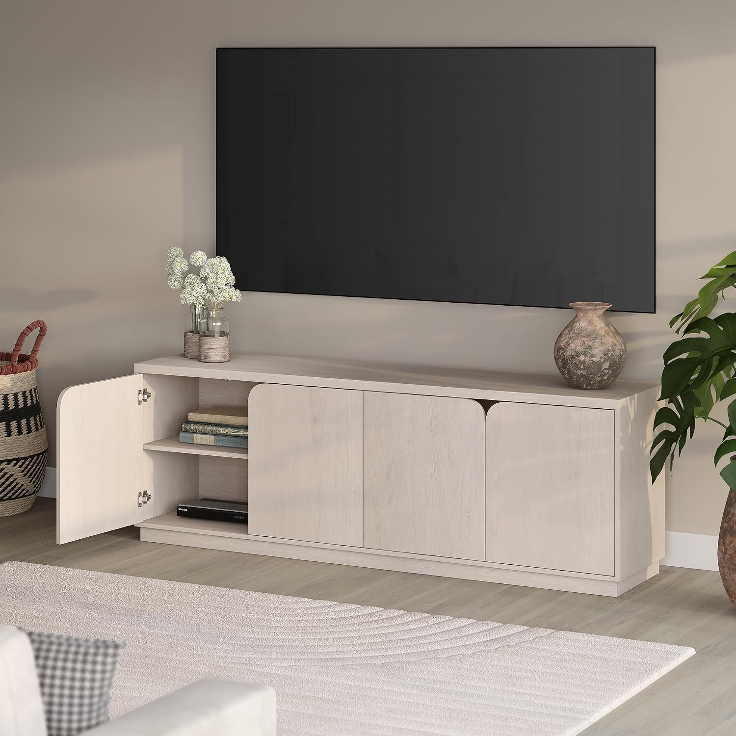 Henn&Hart TV Stand for TVs up to 78' with Concealed Storage Cabinets and Adjustable Shelves for Living Room, Family Room, or Office, Beech White