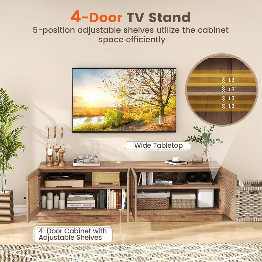 Giantex Farmhouse TV Stand for TVs up to 75', 4-Door PE Rattan Entertainment Center w/ 2 Cabinets, Adjustable Shelves, 8 Cable Holes, Mid Century Modern Media Console Table for Living Room, TV Cabinet