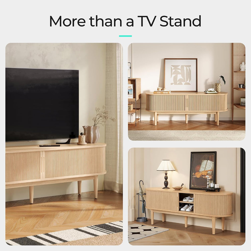 LINSY Home TV Stand for 65' TV, Mid-Century Modern 58' Entertainment Center with Sliding Tambour Door and Storage Cabinet, Cruved TV Media Console Table for Living Room, Bedroom, Oak