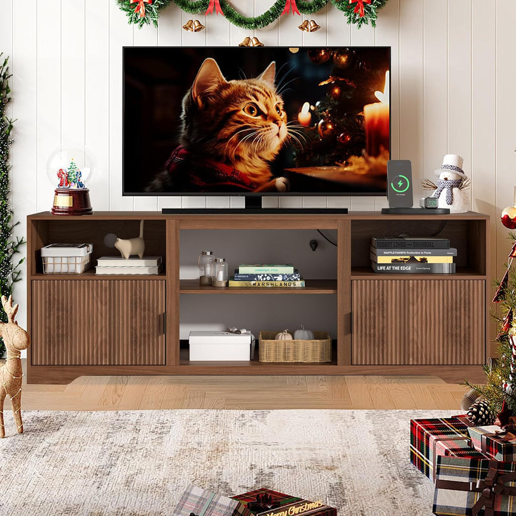 Fluted TV Stand for Tvs up to 80',Mid Century Modern TV Stand with Open Adjustable Shelf,Entertainment Center Wood TV Media Console with Cord Holes for Living Room Furniture Bedroom,Walnut