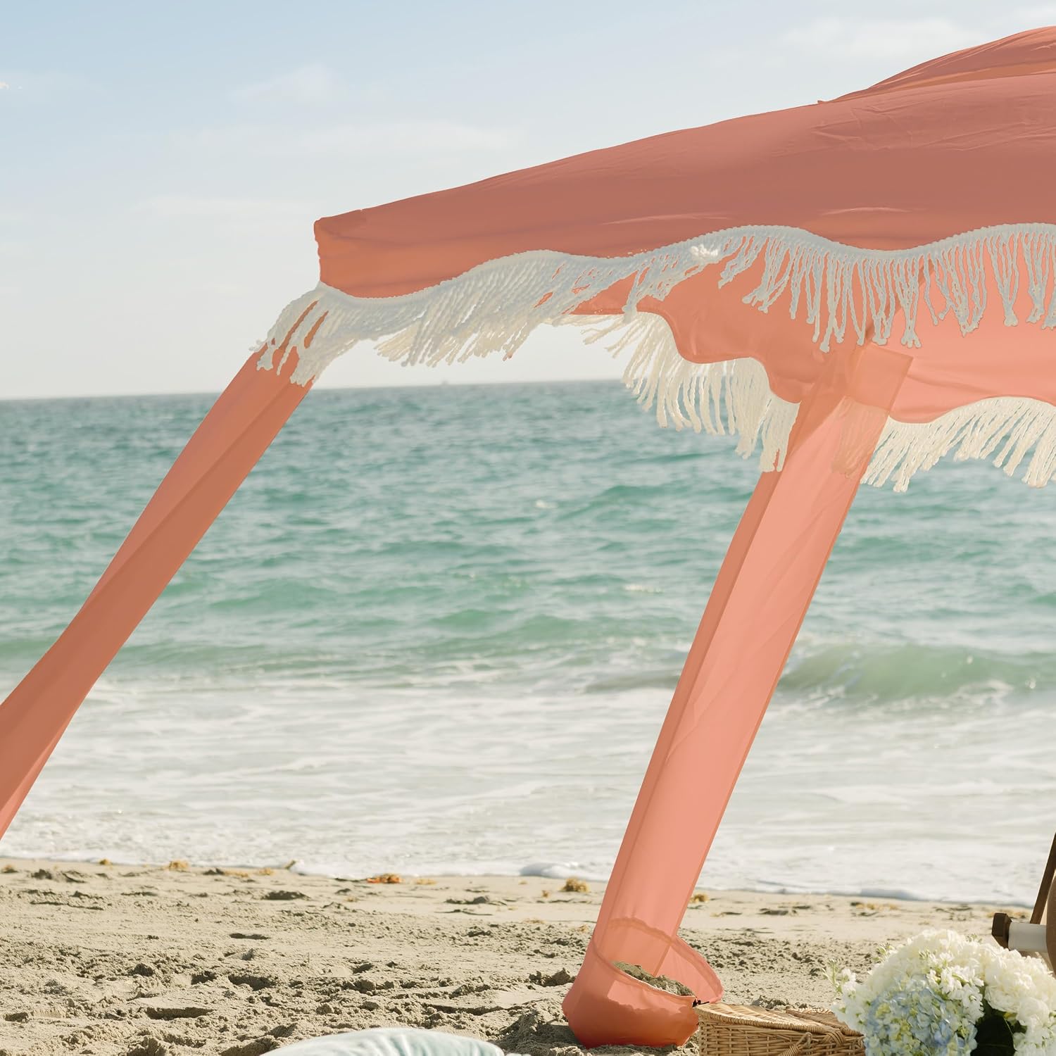 AMMSUN Beach Cabana with Fringe, 7' x 7' Boho Beach Canopy with Tassels, Easy Set up & Premium Wood Pole, Cabana Tent with Sand Pockets, Instant Sun Shade for Sand, Garden, Patio, Coral Pink