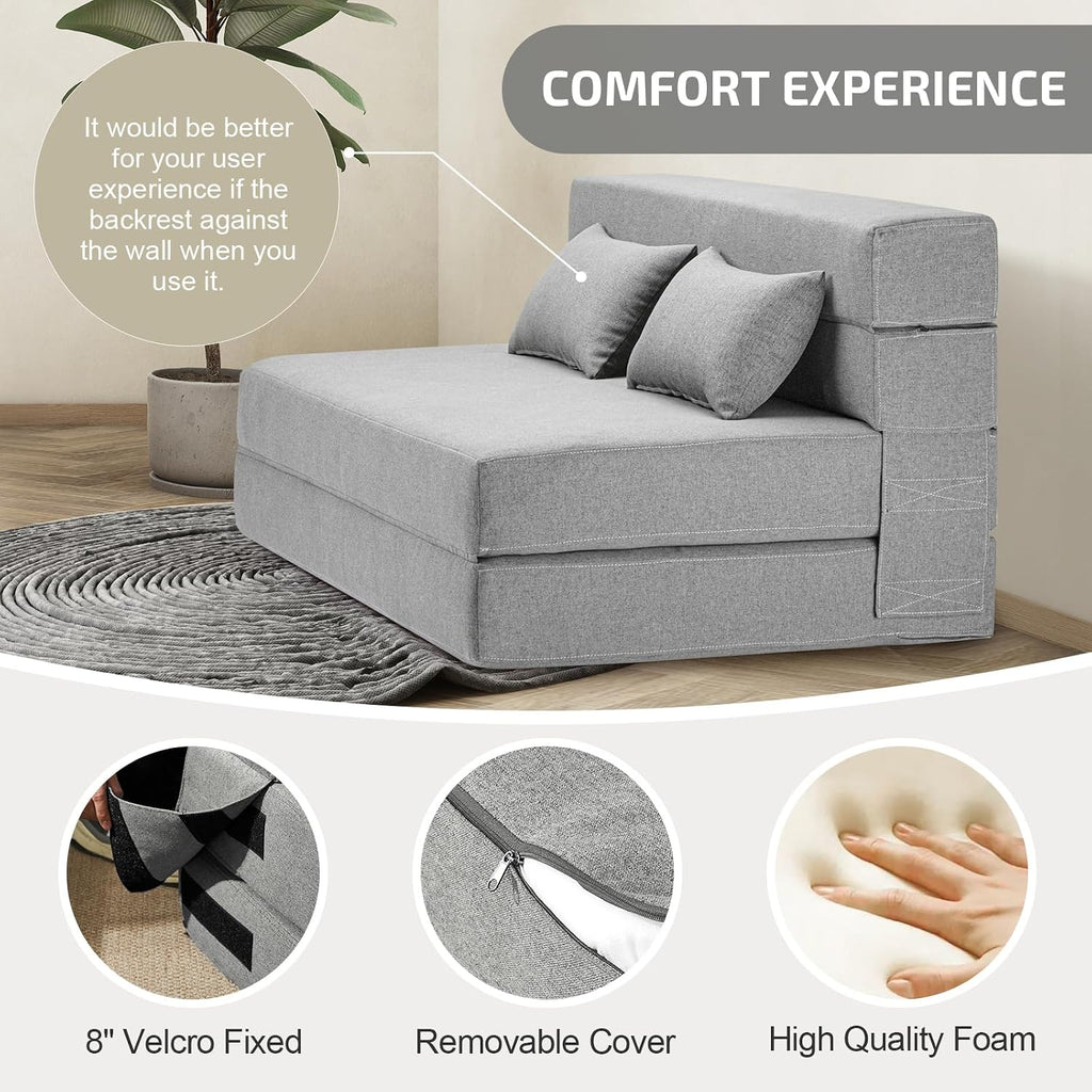 SUYOLS Folding Sofa Bed with Pillows- Convertible Chair Floor Couch & Sleeping Mattress, Foldable Memory Foam Sleeper for Living Room/Dorm/Guest Room/Home Office/Apartment/Loft, Full, Light Gray