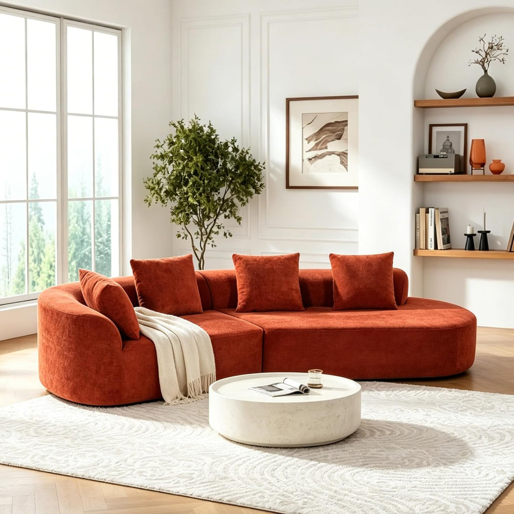 Merax 2-Piece 116' L-Shaped Modular Sectional Sofa Set, 4 Seat Fully Assembled Curved Upholstery Couch with High-Density Compressed Sponge, Chaise Lounge & 4 Pillows for Living Room, Orange
