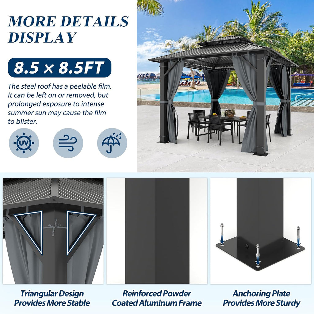 COVERONICS 8.5' x 8.5' Outdoor Hardtop Gazebo - Aluminum Heavy-Duty Double Roof Vented Gazebo with Breathable Netting & Privacy Curtains for Patio, Porch, Garden, Lawn