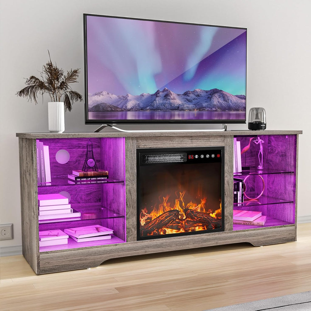 TAVATA 58' Fireplace TV Stand, Modern Entertainment Center with Fireplace for TVs up to 65 inch, Media TV Console for Living Room with Led Lights, Adjustable Glass Shelves and Storage Cabinets (Grey)
