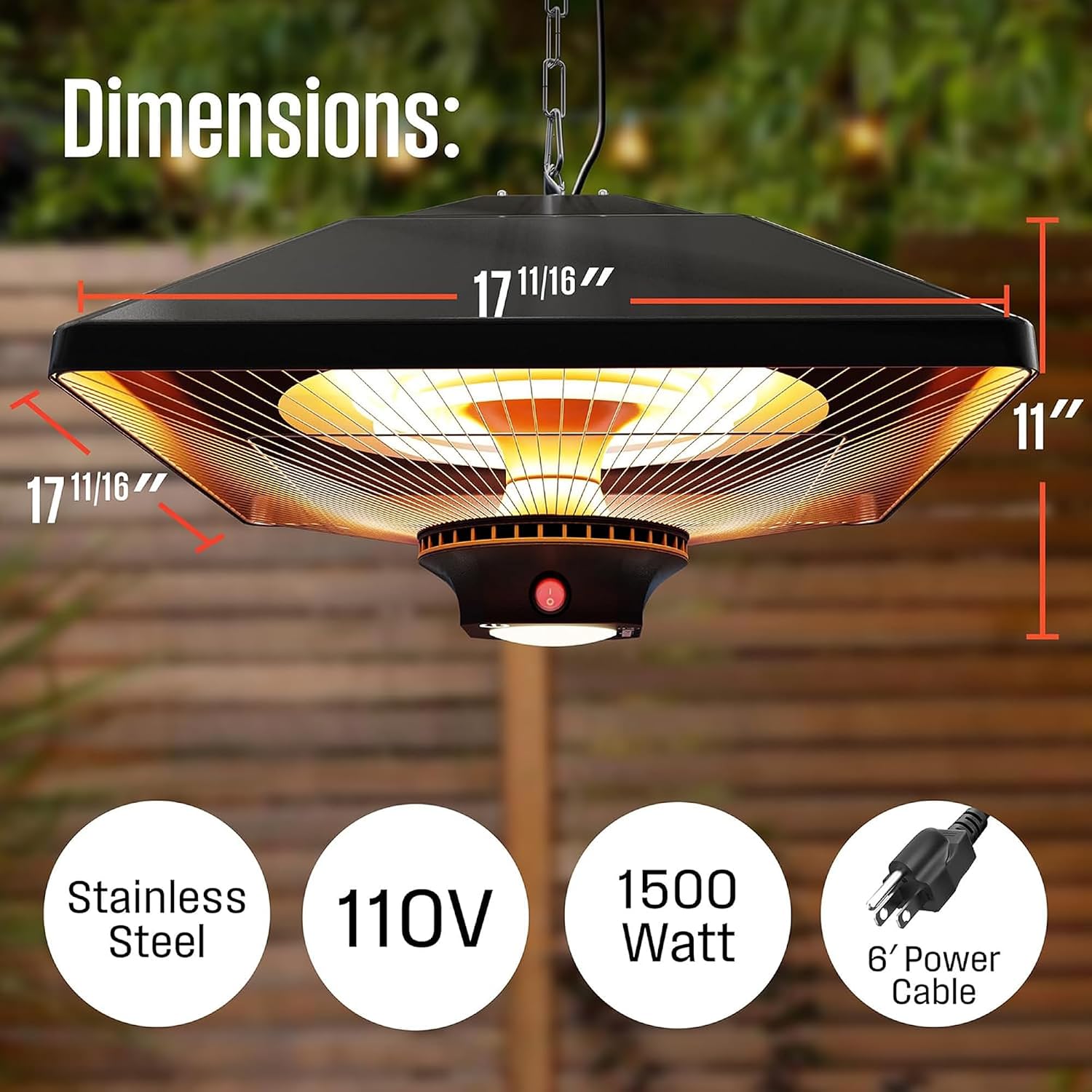 Westinghouse Outdoor Ceiling Patio Heater, Water Resistant, Adjustable Heat Output Up to 1500W, Auto Shut Off Overheat Protection, Hanging Infrared Heater for Patio Cover, Gazebo, Pergola, & More