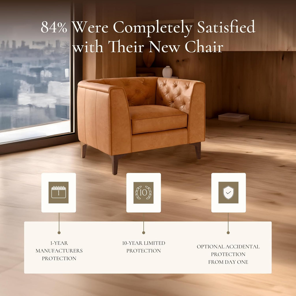 POLY & BARK Essex 40' Lounge Chairs Set of 2 – Cognac Tan Full-Grain Pure-Aniline or Semi-Aniline Italian Leather, Tufted Back & Arms, Feather-Down Cushions, Walnut Wood Legs