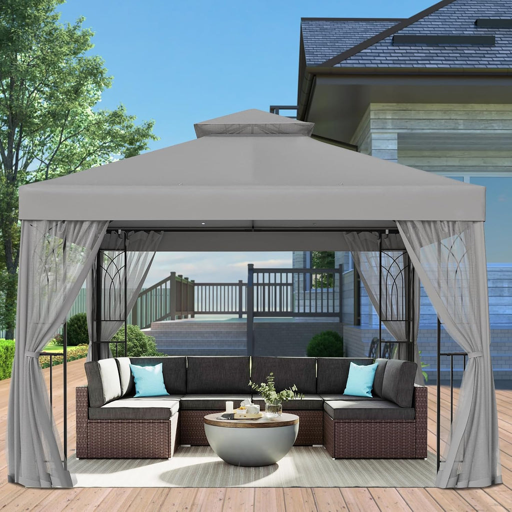 EAGLE PEAK 10x10 Patio Gazebo with Mesh Netting, Double Roof Outdoor Pavilion with Corner Shelves for Lawn, Deck, Garden and Backyard, Gray