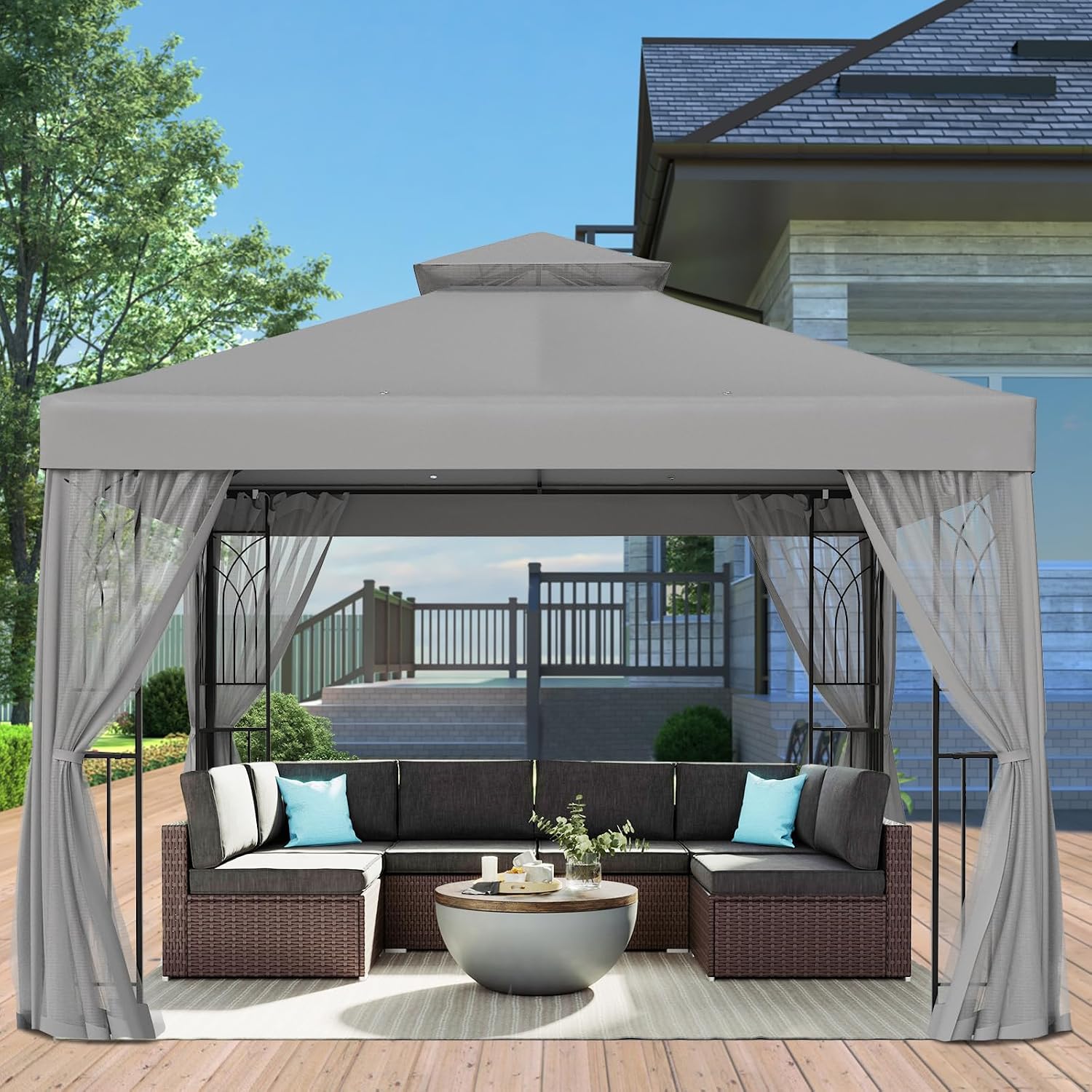 EAGLE PEAK 10x10 Patio Gazebo with Mesh Netting, Double Roof Outdoor Pavilion with Corner Shelves for Lawn, Deck, Garden and Backyard, Gray