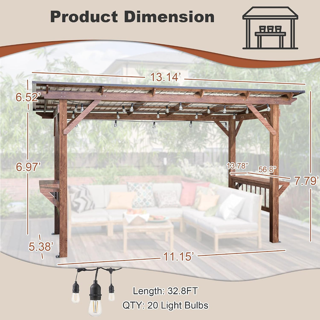 13'x 6.5' Wooden Pergola Grill Gazebo, Hardtop Gazebo with Metal Roof & Bulbs & Bar Counters, Spacious Shade for Outdoor BBQ, Patio Backyard Poolside