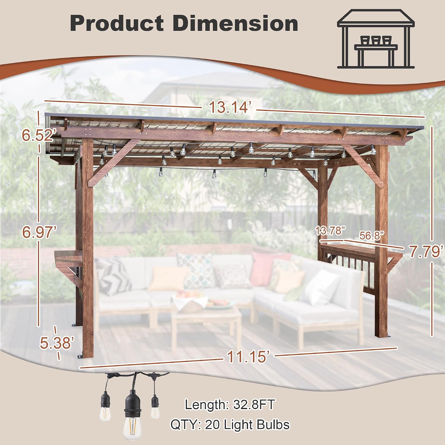 13'x 6.5' Wooden Pergola Grill Gazebo, Hardtop Gazebo with Metal Roof & Bulbs & Bar Counters, Spacious Shade for Outdoor BBQ, Patio Backyard Poolside
