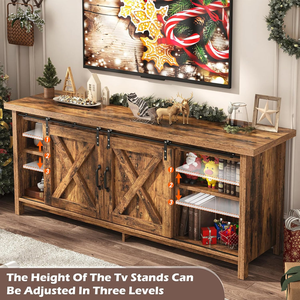 Farmhouse TV Stand for 65 Inch TV with Sliding Barn Door, Rustic Wood Entertainment Center Large Media Console Cabinet Long Television Stands,Console Table and Media Furniture for Living Room(Brown)