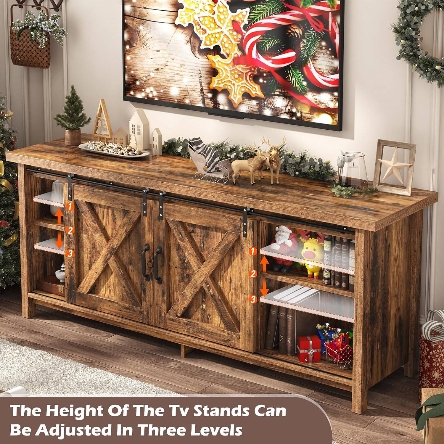 Farmhouse TV Stand for 65 Inch TV with Sliding Barn Door, Rustic Wood Entertainment Center Large Media Console Cabinet Long Television Stands,Console Table and Media Furniture for Living Room(Brown)