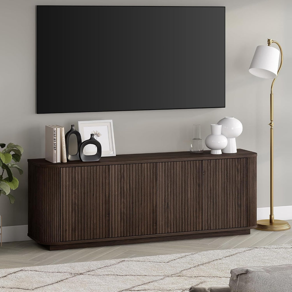 Henn&Hart Fluted TV Stand for TVs up to 75'' with 2 Ribbed Storage Cabinets with an Adjustable Shelf for Living Room, Family Room, or Office, Rich Brown