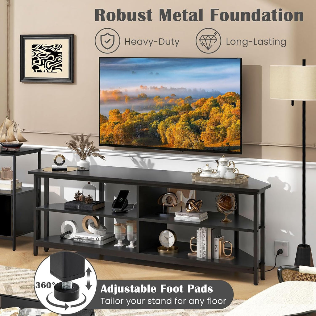Tangkula Corner TV Stand for TVs up to 65', TV Console Table with 2 AC Outlets, USB A Port, USB C Port, Metal Frame & Storage Shelves, 55' Media Entertainment Center for Living Room