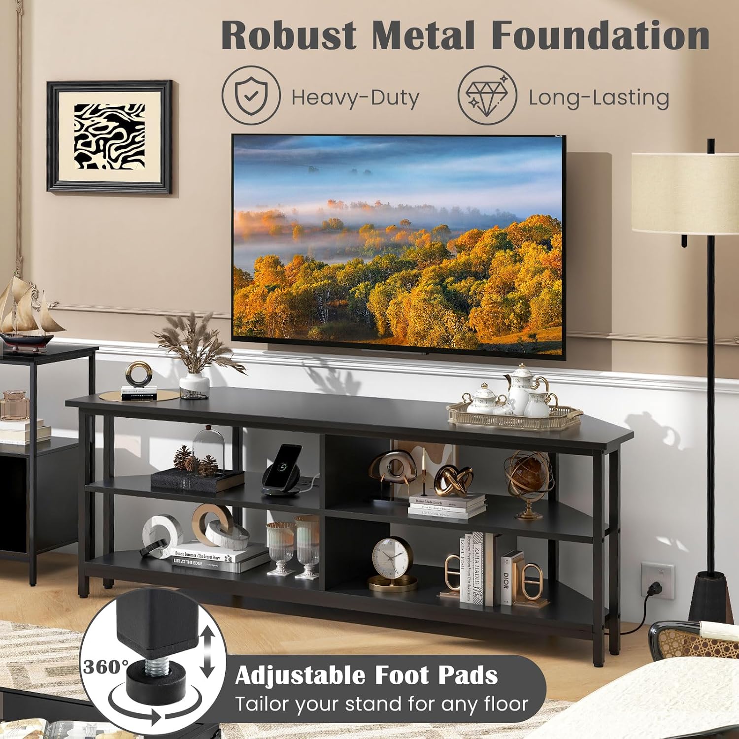 Tangkula Corner TV Stand for TVs up to 65', TV Console Table with 2 AC Outlets, USB A Port, USB C Port, Metal Frame & Storage Shelves, 55' Media Entertainment Center for Living Room