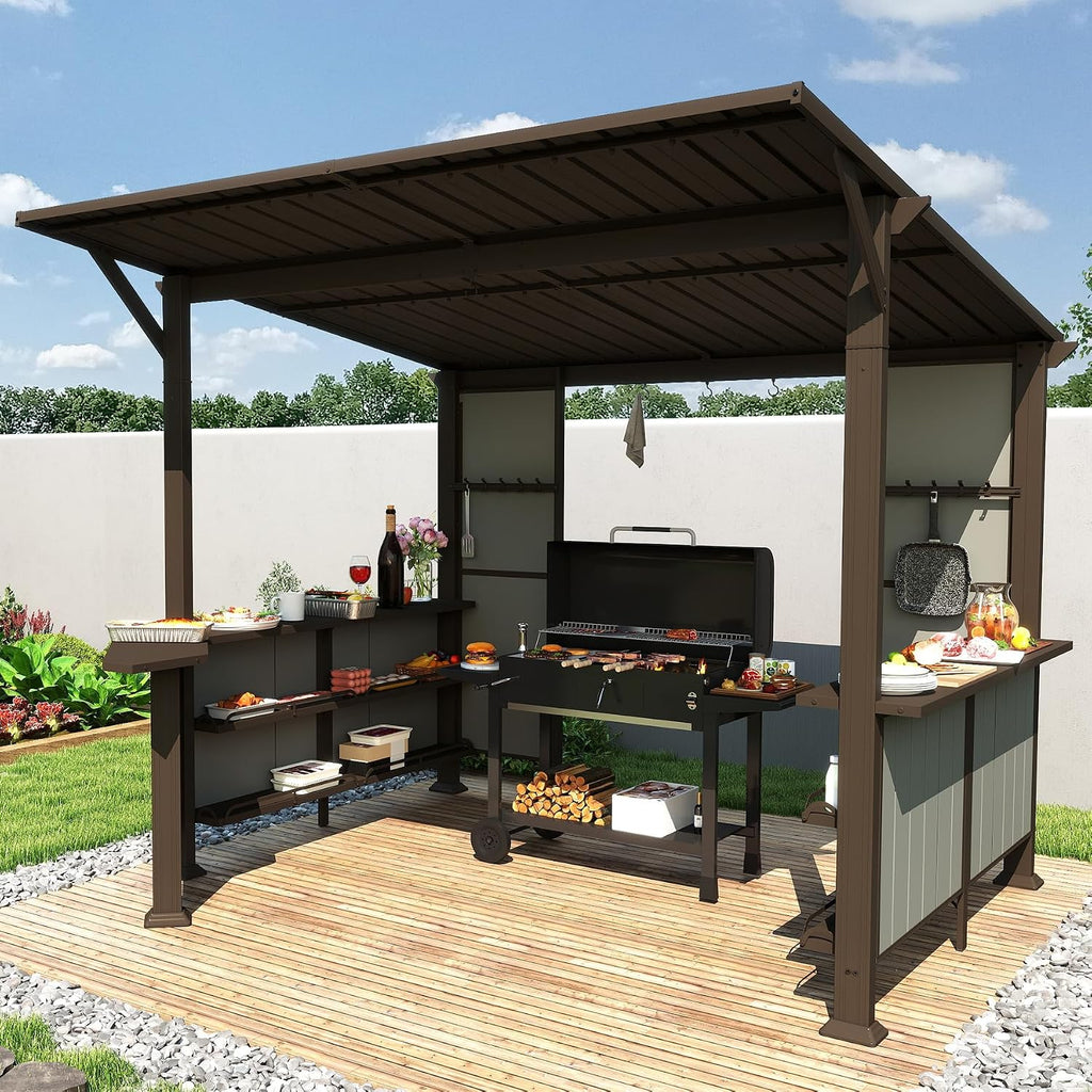 Domi 9x10FT Grill Gazebo Hardtop, BBQ Gazebo for Outdoor Grill with Storage Shelves and Expansion Platform, Metal Permanent Lean-to Canopy for Patio Backyard Lawn, Brown
