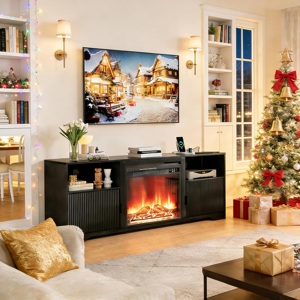 Mxtxmy Fireplace TV Stand for Television up to 80 Inch,Entertainment Center with Adjustable Shelf,Mid-Century Modern Fluted TV Stand with 23' Electric Fireplace,Media Console for Living Room,Bedroom