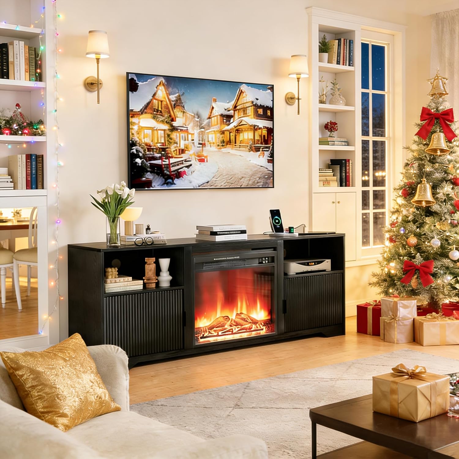 Mxtxmy Fireplace TV Stand for Television up to 80 Inch,Entertainment Center with Adjustable Shelf,Mid-Century Modern Fluted TV Stand with 23' Electric Fireplace,Media Console for Living Room,Bedroom