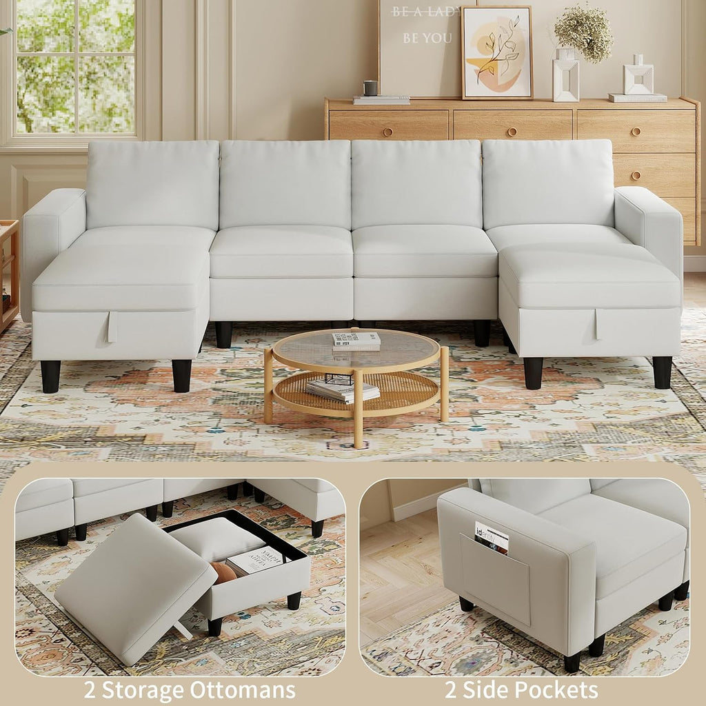 Modular Sectional Couches for Living Room, 110' U Shaped Sectional Sofa with Adjustable Backrest, 6 Seat Linen Cloud Couch Sectionals with Storage Ottoman for Apartment (White)