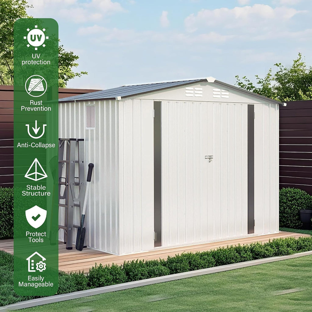 KEIKI 8x6 FT Outdoor Metal Storage Shed with Window and Lockable Door,Peaked Roof for Patio Backyard Garden