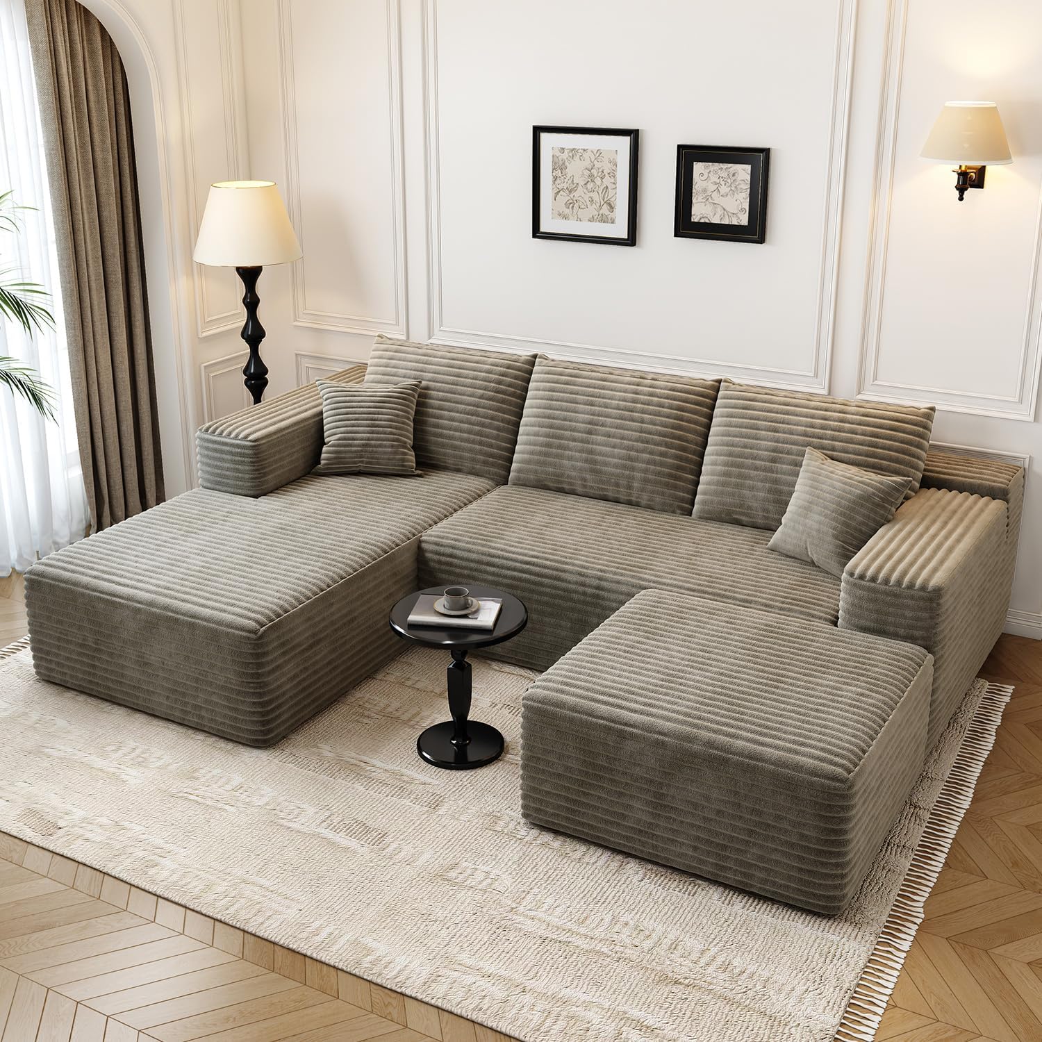 107.5' Cloud Modular Sectional Couch with 1 Ottoman,Modern Minimalist Upholstered Couches, Comfort U Shaped Sofa for Living Room,Deep Seat Corner Couch，No Assembly Required (Camel,Left Facing Chaise)