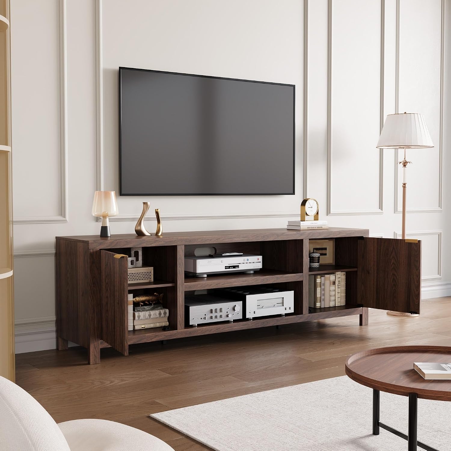 IDEALHOUSE Fluted TV Stand for 75+ Inch, Modern Entertainment Center with 2-Tier Storage & Adjustable Shelves, Media Console Cabinet with 2 Fluted Doors and Gold Handle for Living Room Bedroom, Walnut