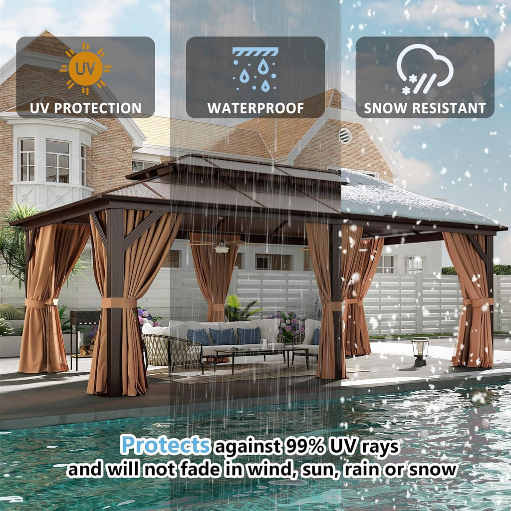 Aoxun 12'x20' Hardtop Gazebo, Aluminum Frame Permanent Pavilion with Curtains and Netting, Outdoor Polycarbonate Double Roof Canopy, Designed for Patio, Garden, Lawns