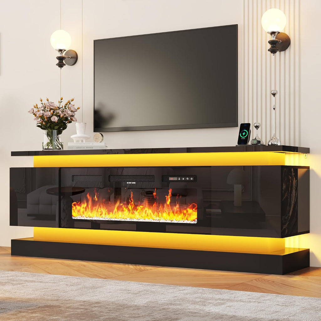 chartustriable 71IN LED TV Stands w/40 inch Fireplace Power Outlet for 85/80/75 Inch TVs,High Glossy Modern TV Media Console Gaming with 2 Storage Cabinets,Dual LED Lights,Black