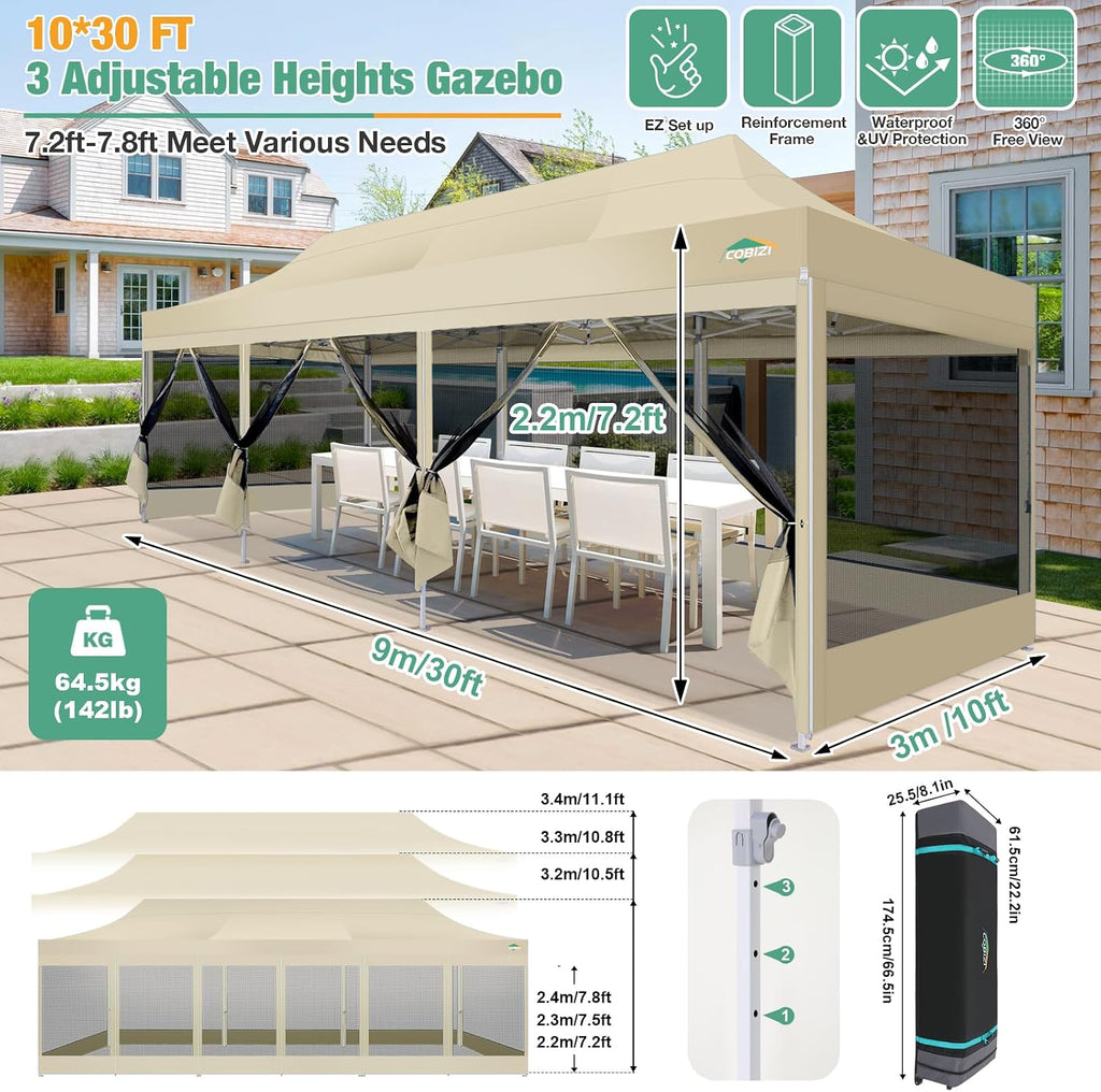 COBIZI 10x30 Canopy Tent, Heavy Duty Pop up Canopy with Sidewalls, Waterproof Easy Setup Tent with Mosquito Netting, Outdoor Instant Screen Tents for Parties, Wedding with Roller Bag, Khaki