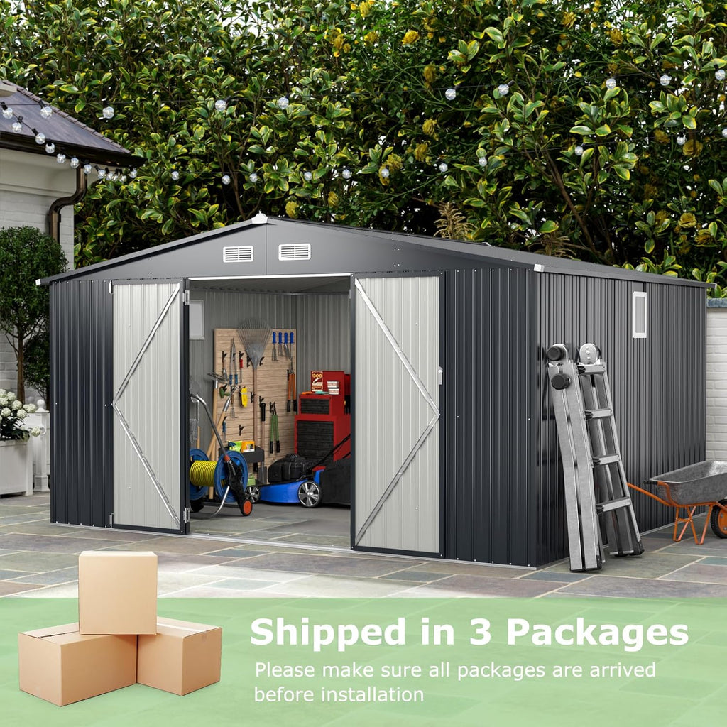 Goplus 12 x 9.8 FT Outdoor Storage Shed, All-Weather & Rustproof Galvanized Metal Utility Tool Shed w/Lockable Door, Pitched Roof, Windows, Backyard Lawn Garden Storage House for Bike Tool Lawnmower