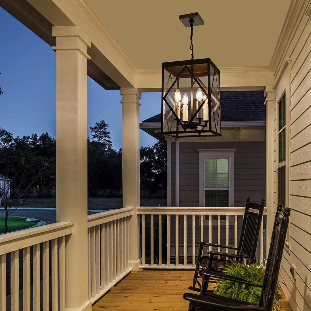 Black Exterior Pendant Lights for Porch with Clear Glass 4 Light Adjustable Hanging Lamp Farmhouse Lantern Porch Light Exterior Chandelier Ceiling Mount for Entrance Patio, White Candle Socket