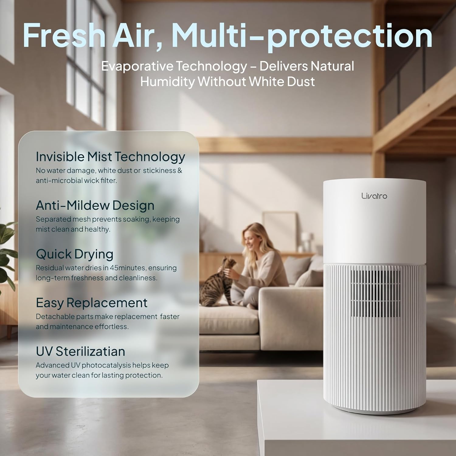 8L Evaporative Humidifier for Large Rooms up to 1000 ft²- Baby Elderly& Pet Safe Cool Evaporation, 900ml/h Output, UV Disinfection, Easy Top Fill,UltraQuiet 28dB, Smart AI Humidity Control Upgraded