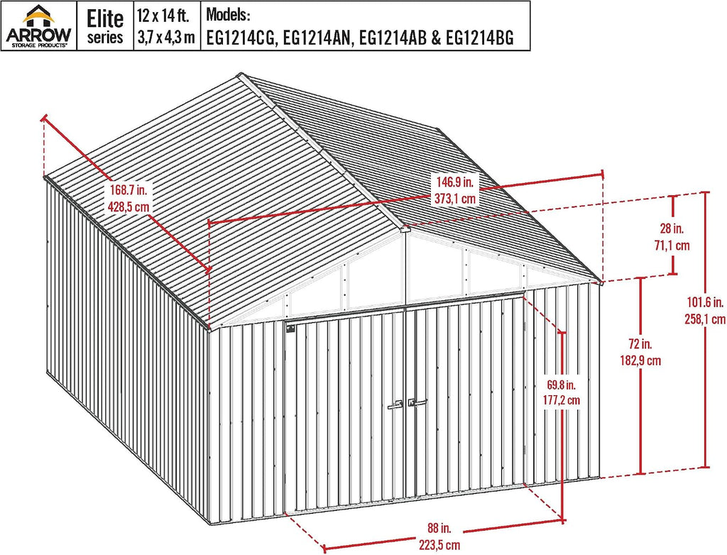 Arrow Shed Elite 12' x 14' Tall Outdoor Steel Storage Shed with High Gable and Lockable Doors Storage Building, Anthracite