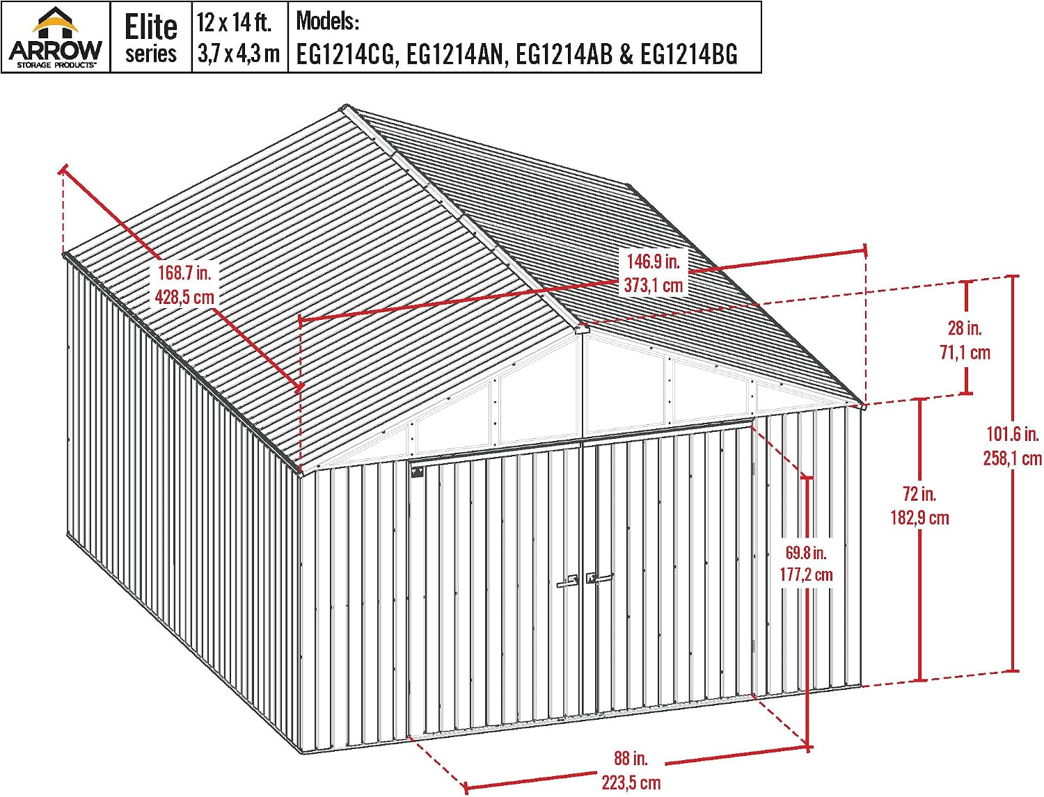 Arrow Shed Elite 12' x 14' Tall Outdoor Steel Storage Shed with High Gable and Lockable Doors Storage Building, Anthracite