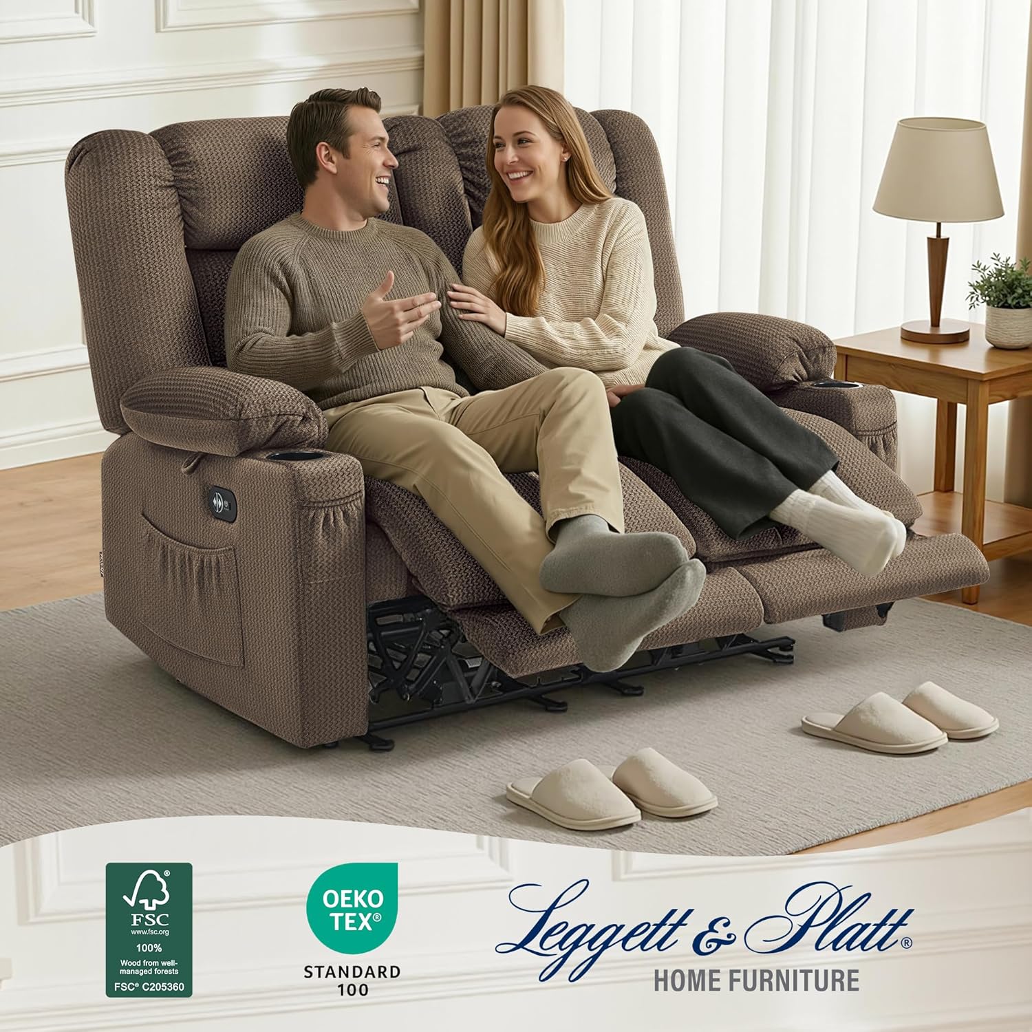 MCombo 55.9' Zero Gravity Power Loveseat Recliner with Heat and Vibration Massage, Reclining Loveseat Sofa with USB Ports, Cup Holders for Living Room, Fabric PR648SET (Dark Brown)