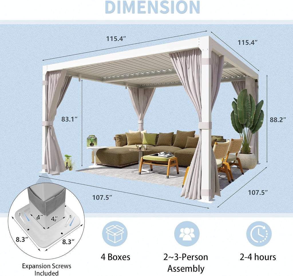 YOLENY Louvered Pergola - 10x10, All Aluminum with Adjustable Rainproof Roof, Outdoor Pergola with Curtains and Nets for Patio & Garden, White